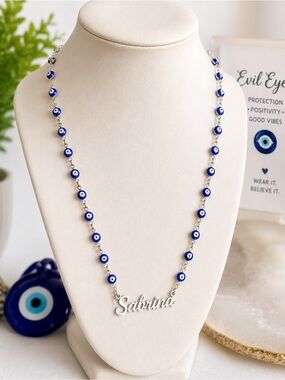 Personalized Sabrina Name Necklace with Blue Evil Eye Beads